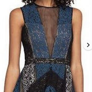 BCBG Maxazria dress. Blue, black, and white lacing with nude underlay.